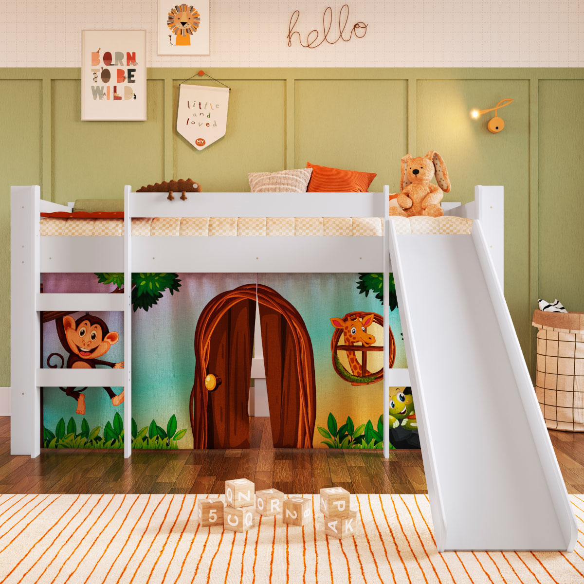 Cama Infantil Elevada com Escorregador Branco e Cortina Estampada Zoo Completa Móveis