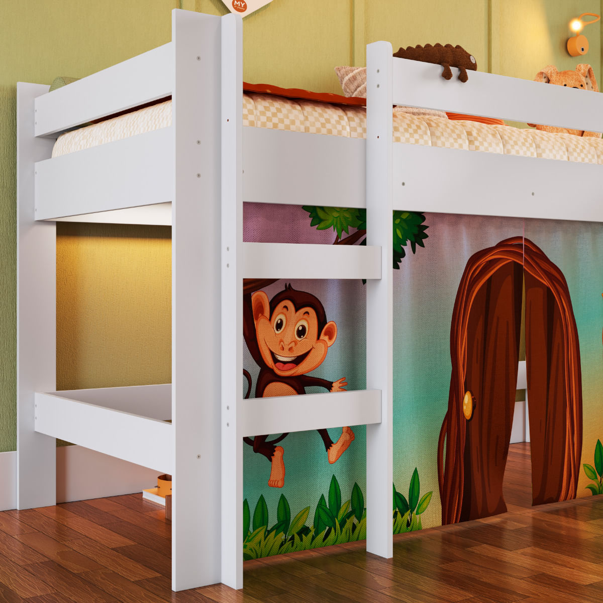 Cama Infantil Elevada com Escorregador Branco e Cortina Estampada Zoo Completa Móveis