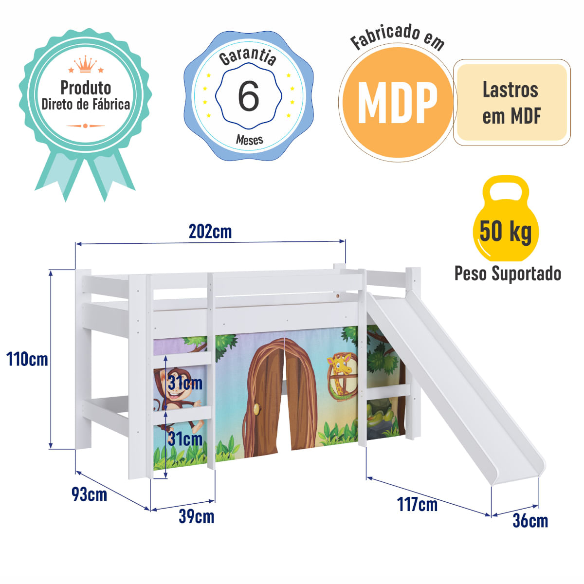 Cama Infantil Elevada com Escorregador Branco e Cortina Estampada Zoo Completa Móveis