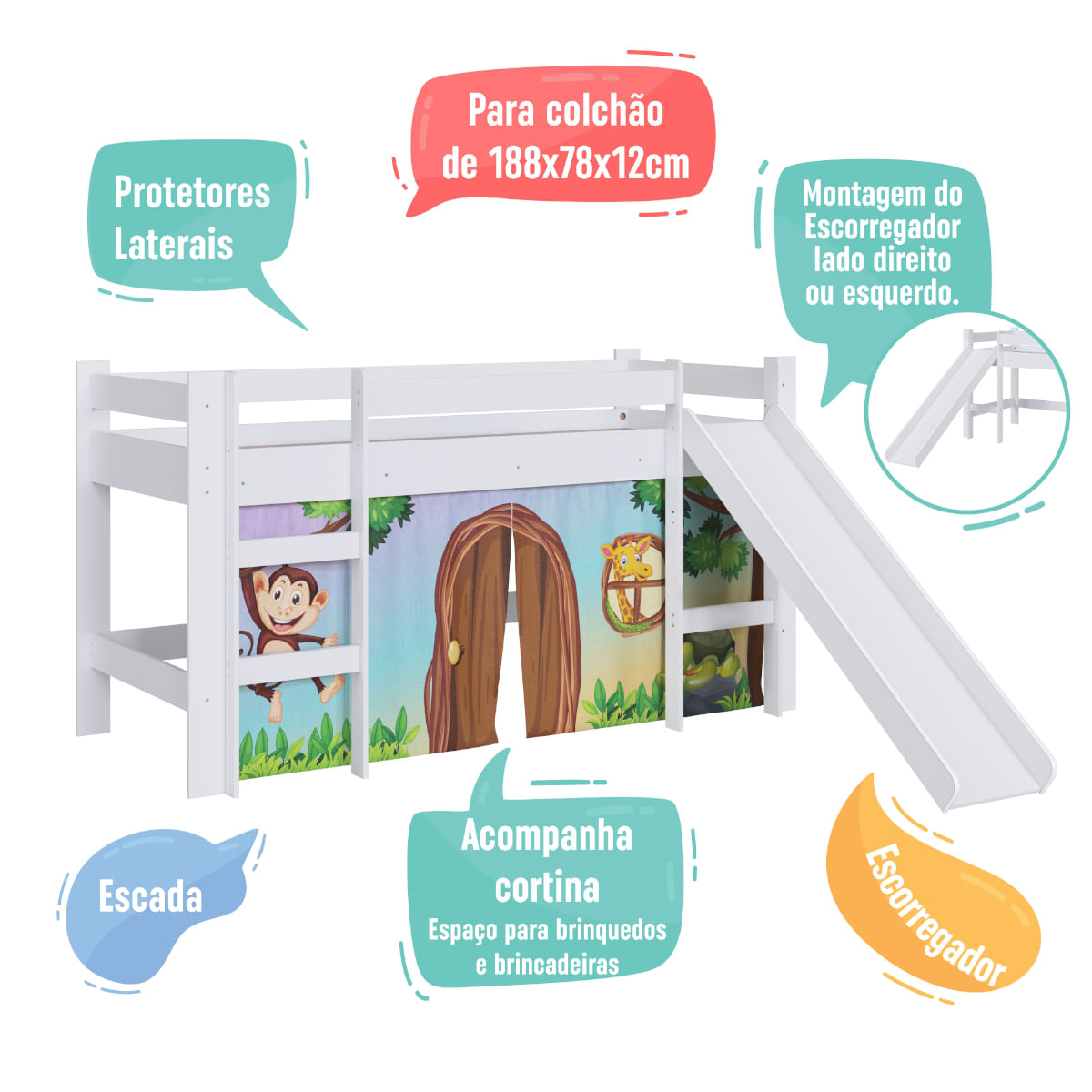 Cama Infantil Elevada com Escorregador Branco e Cortina Estampada Zoo Completa Móveis