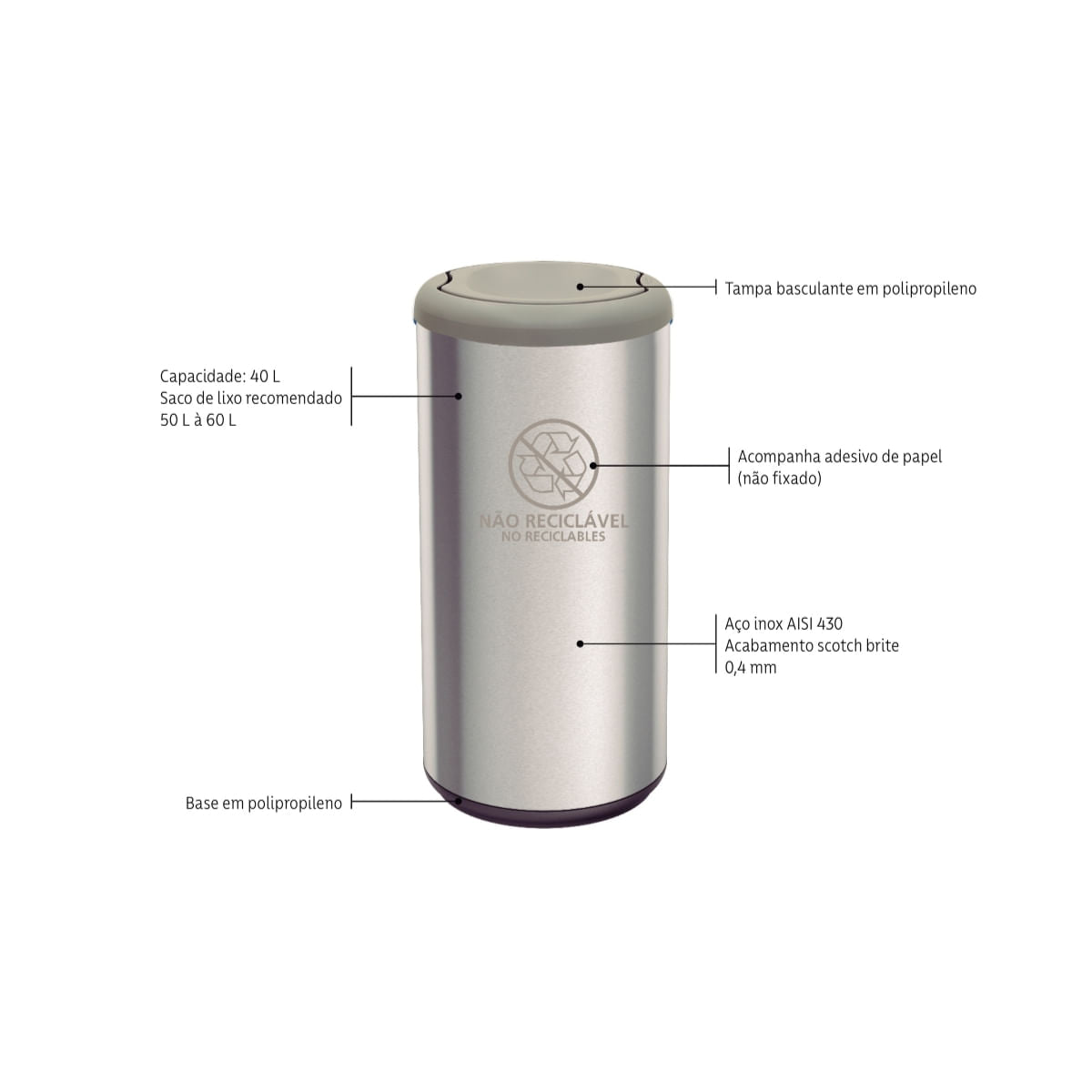 Lixeira Inox Tramontina Piemonte 40 Litros Scotch Brite e Tampa Basculante Cinza OUTLET