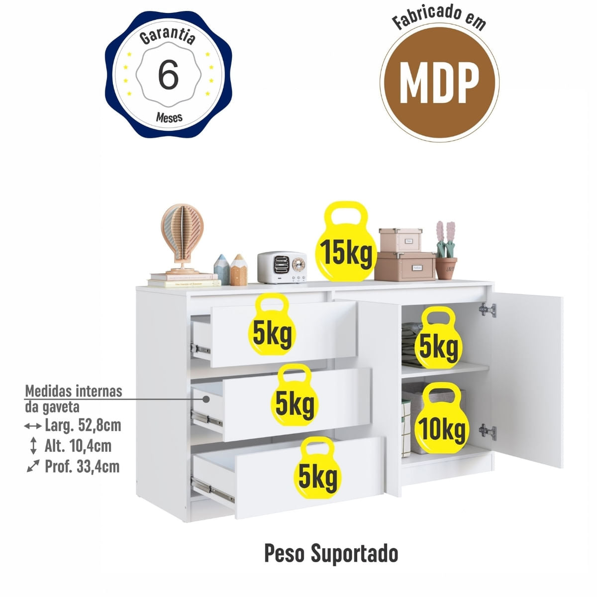Balcão para Cama Estação de Trabalho 3 Gavetas Branco 142cm Completa Móveis