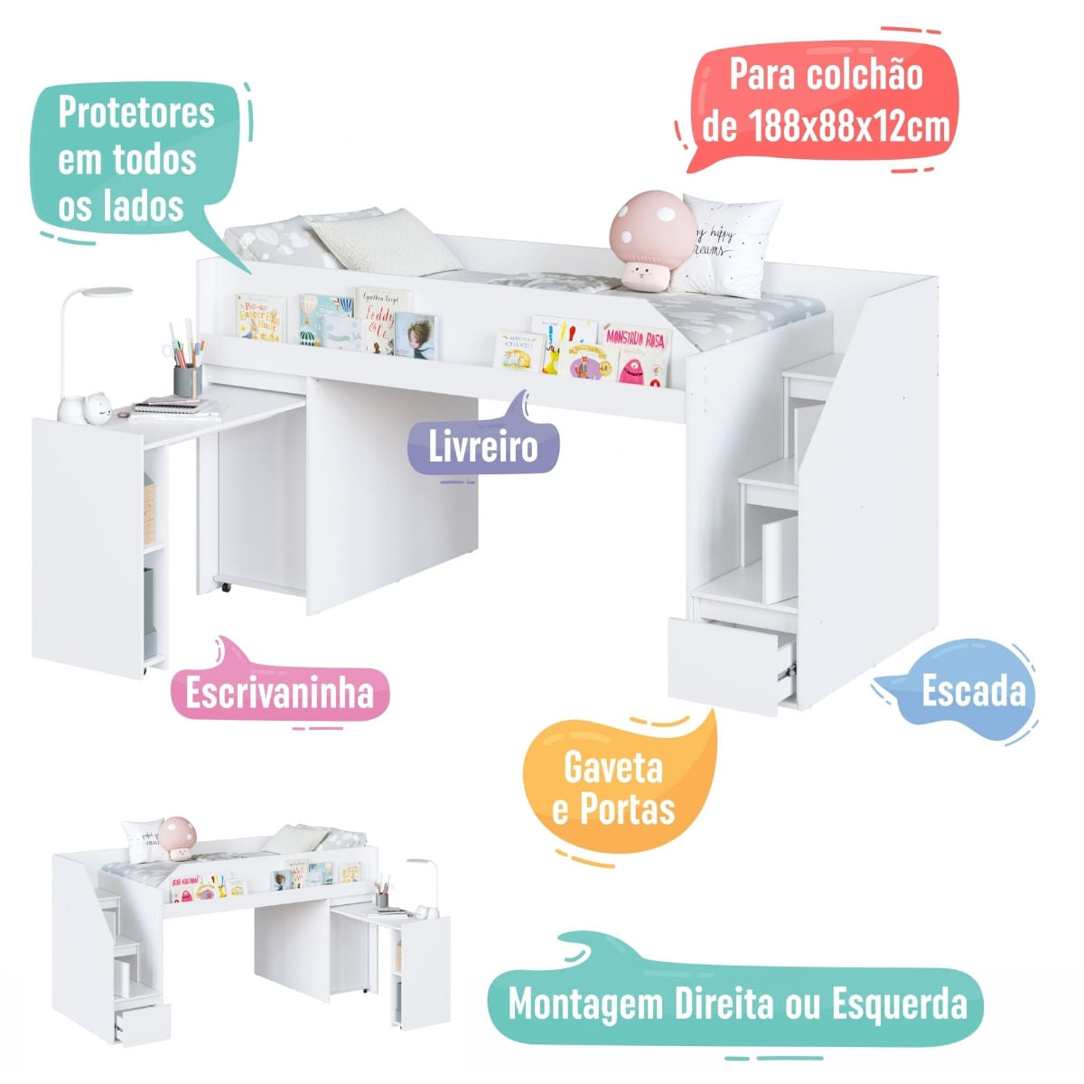 Cama Infanto Juvenil com Escrivaninha e Armário Branco Completa Móveis