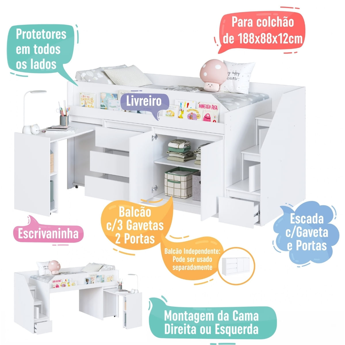 Cama Infanto Juvenil com Escrivaninha e Balcão Branco Completa Móveis