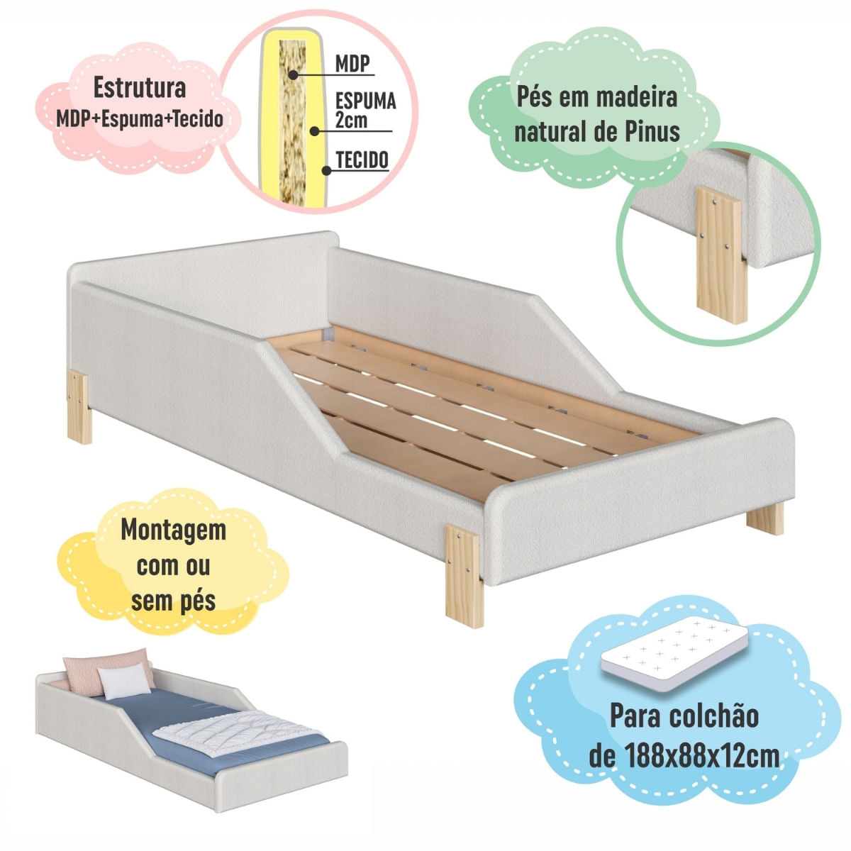 Cama Infantil Sentir Solteiro Estofada Bege Completa Móveis
