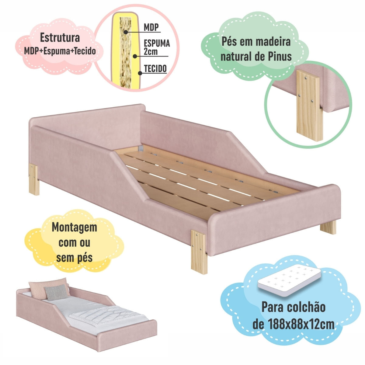Cama Infantil Sentir Solteiro Estofada Rosa Completa Móveis