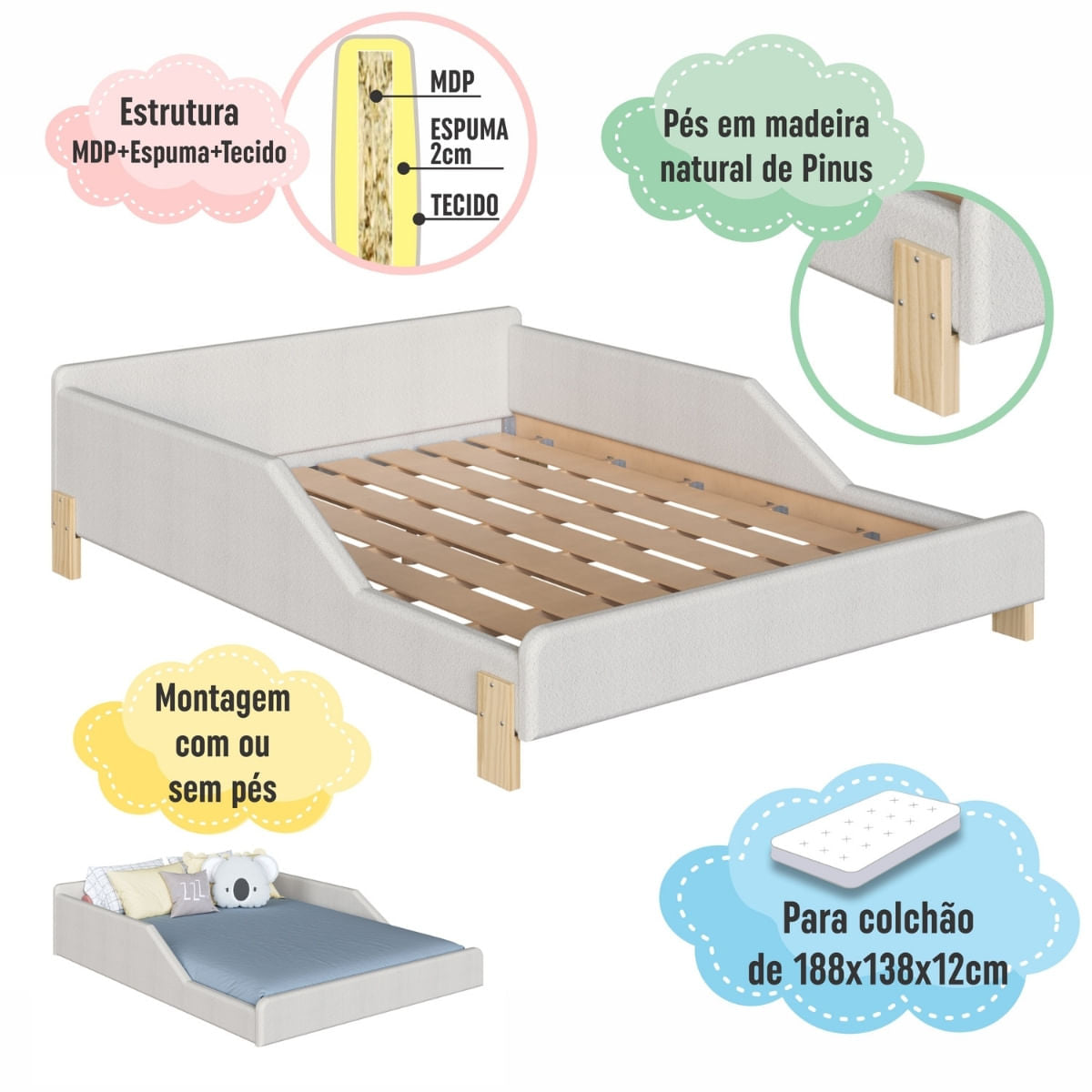 Cama Infantil Sentir Casal Estofada Bege Completa Móveis