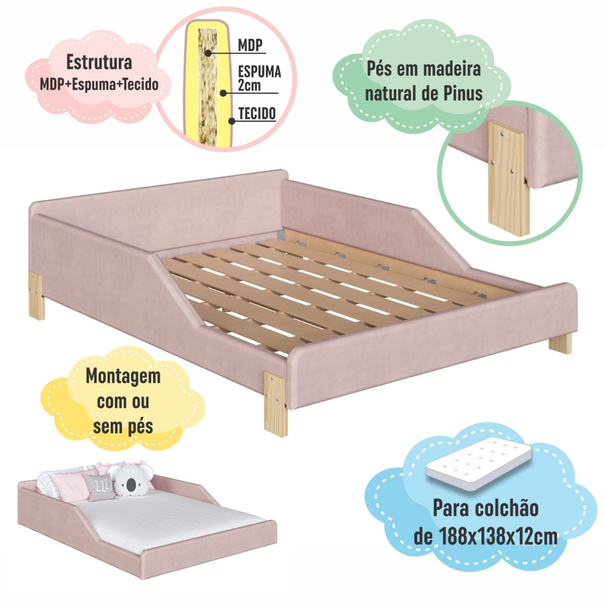 Cama Infantil Sentir Casal Estofada Rosa Completa Móveis