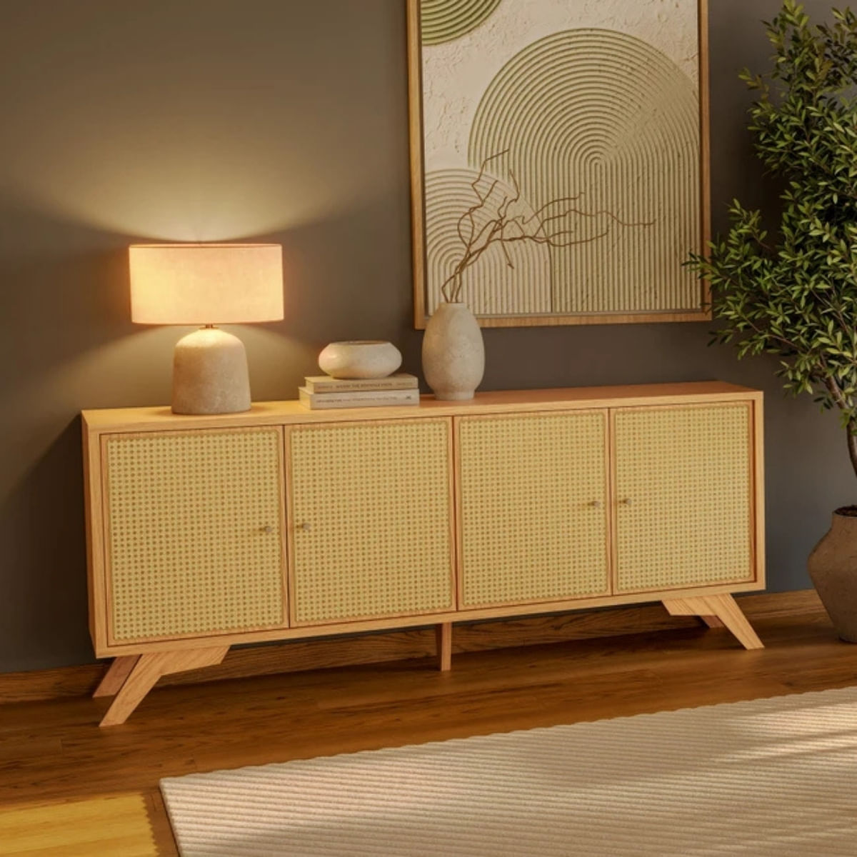 Balcão Buffet 180cm com Palha Hexagonal Natural Carvalho Rosé Dalla Costa