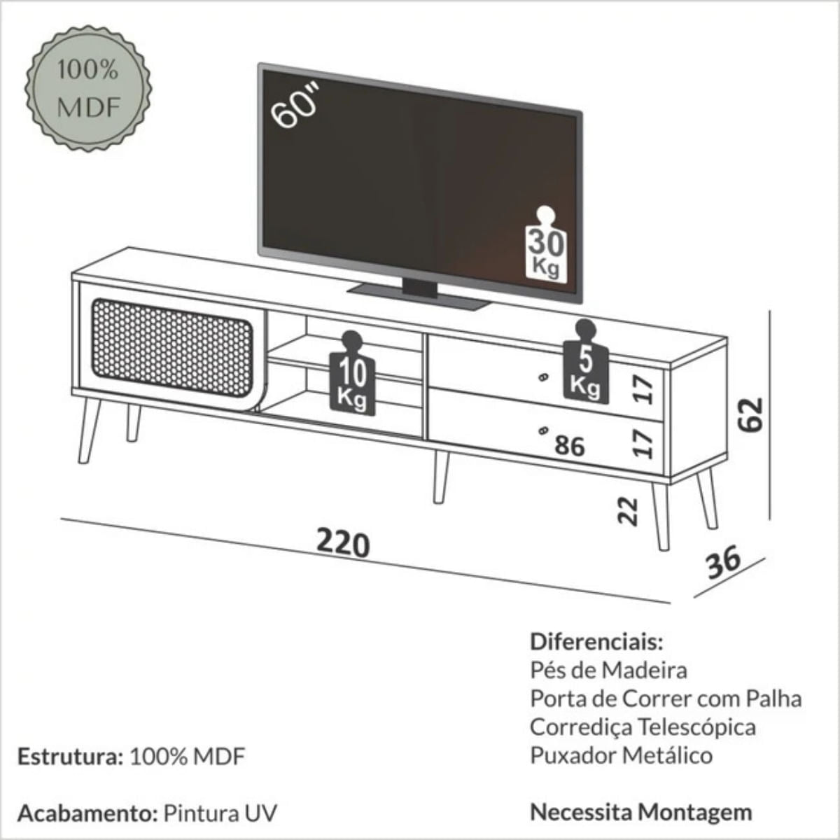 Rack para TV 220cm Até 60 Polegadas 2 Gavetas 1 Porta Curve Carvalho Rosé Dalla Costa