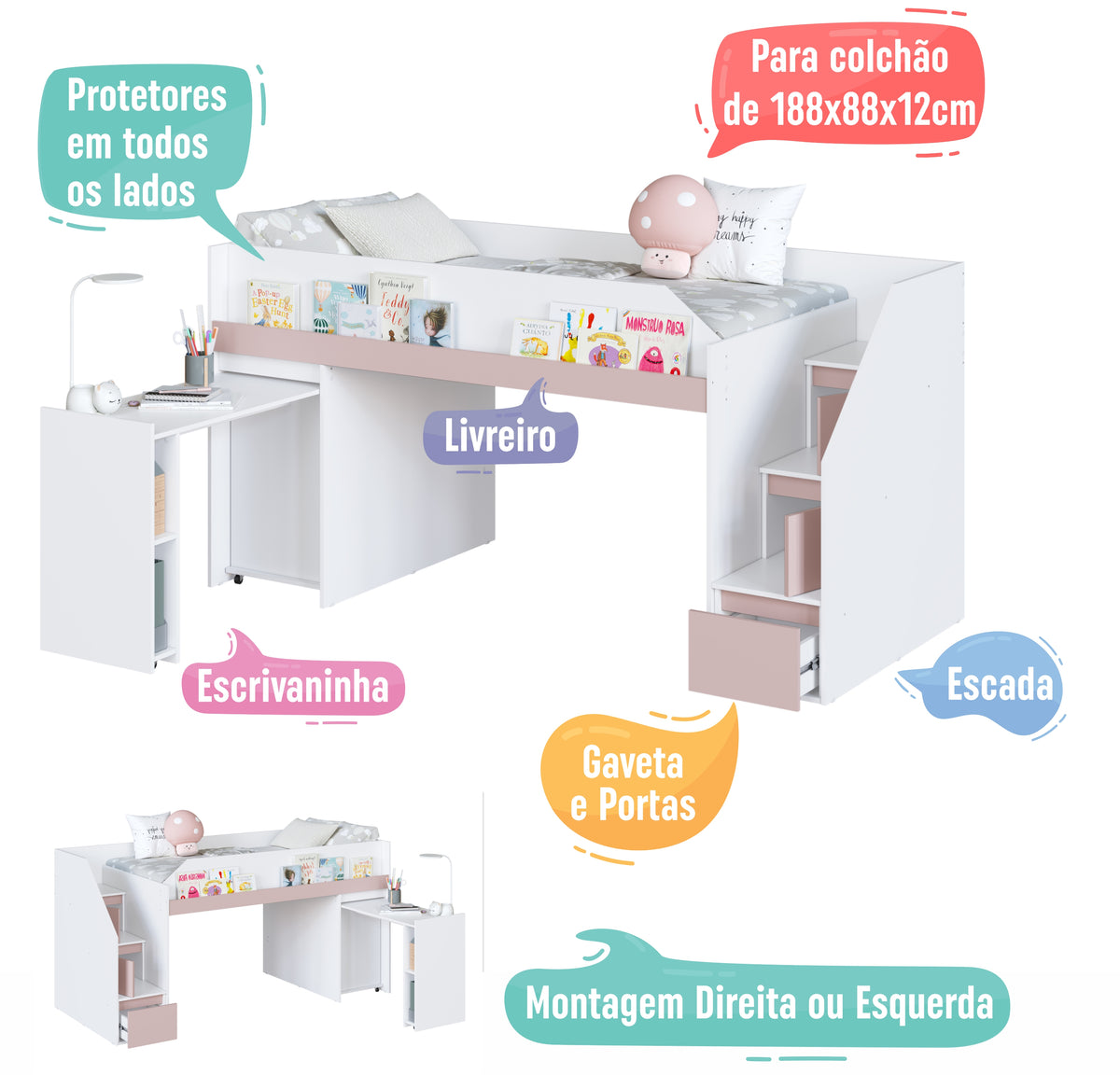 Cama Infanto Juvenil com Escrivaninha e Balcão Branco e Rosa Completa Móveis
