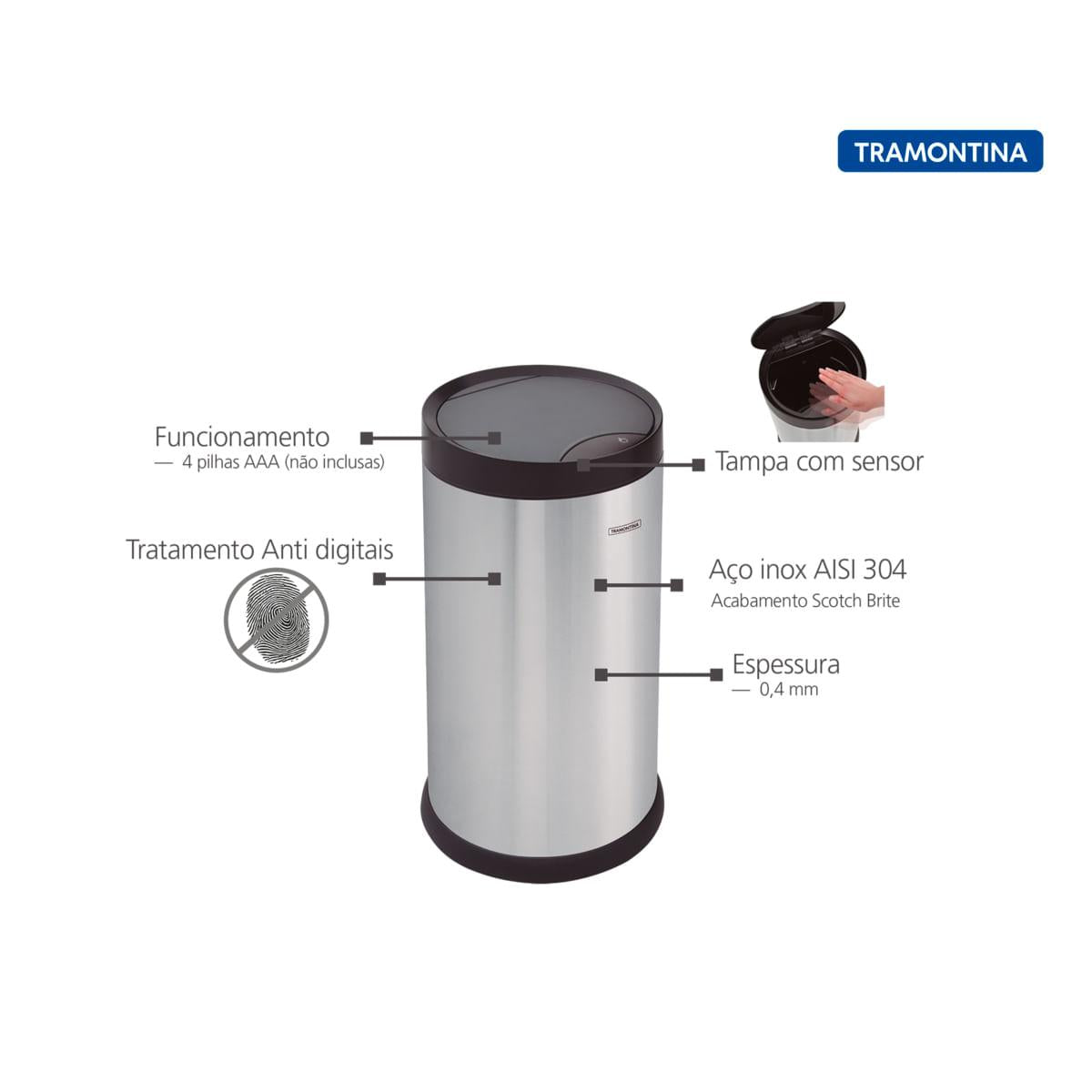 Lixeira Tramontina Smart Automática com Sensor em Aço Inox com Acabamento Scotch Brite 12 Litros