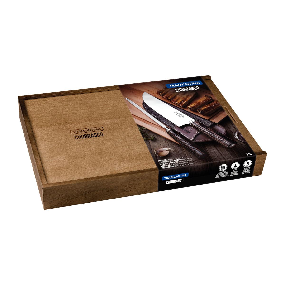Jogo para Churrasco Tramontina Aço Inox Cabos em Madeira Polywood Castanho Bainha de Couro e Estojo de Madeira 2 Peças