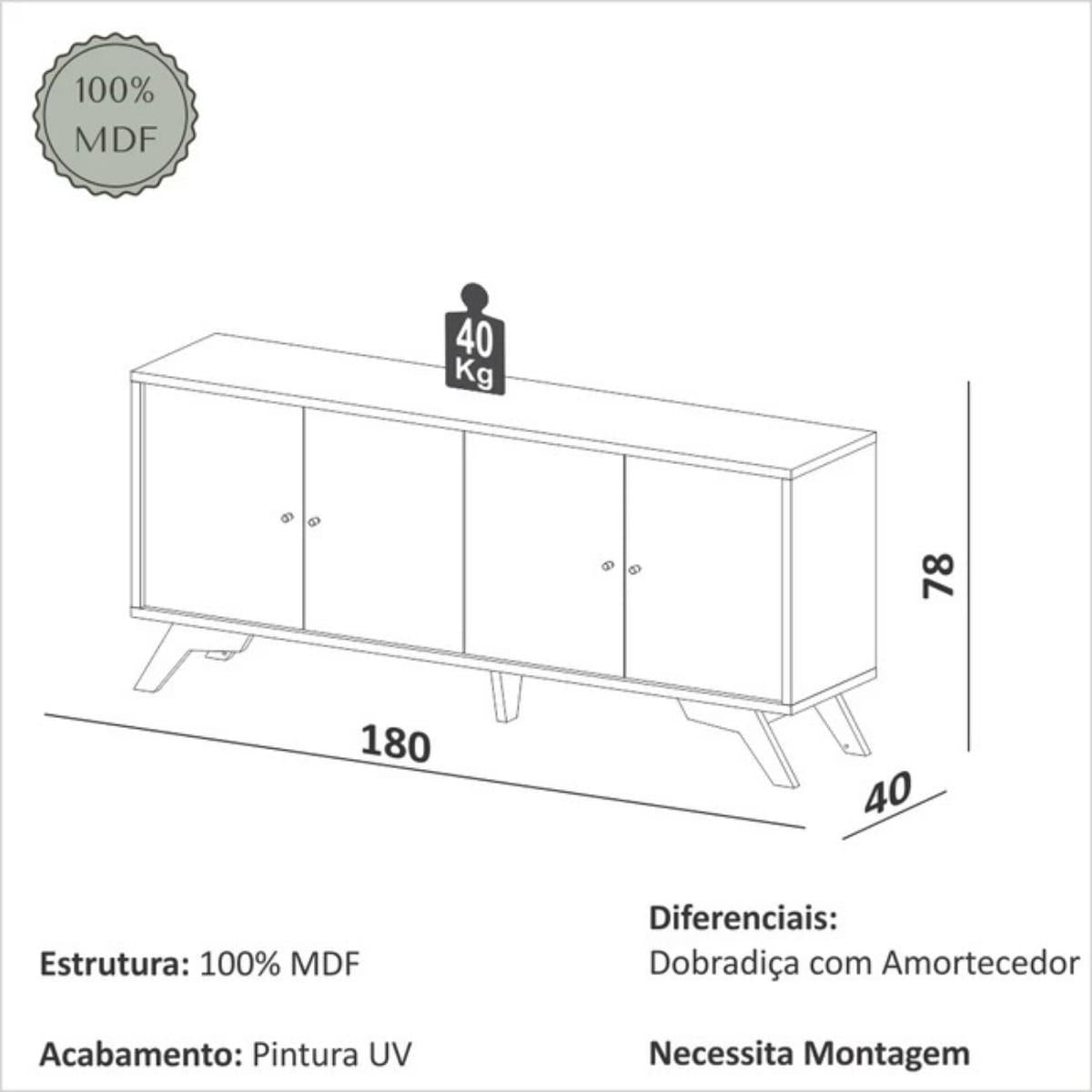 Balcão Buffet 180cm 4 Portas Carvalho Rosé Dalla Costa