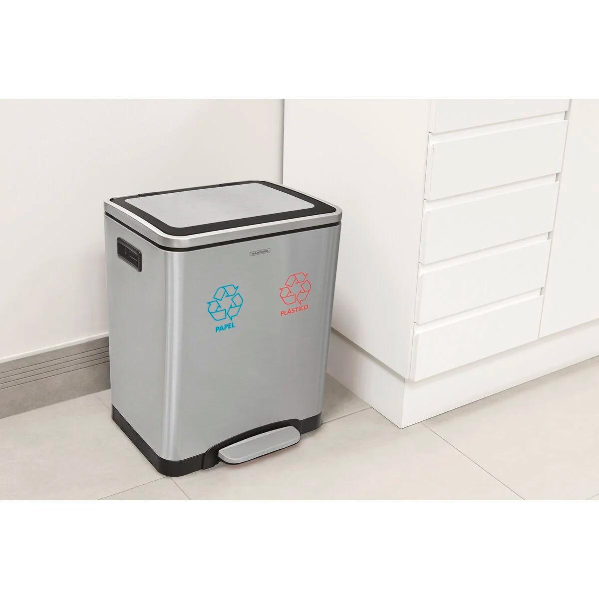 Lixeira Inox com Pedal Tramontina Quadratta Plus Dupla Scotch Brite e Balde Interno Removível 2x15 L