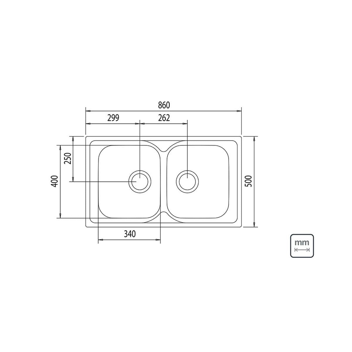 Cuba de Sobrepor Tramontina Marea 2C 34 em Aço Inox Acetinado e Válvula 86 x 50 cm com 2 Cubas