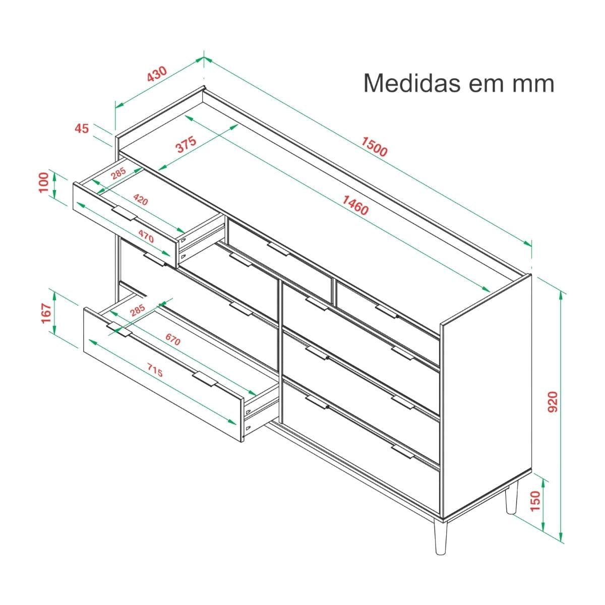 Cômoda 9 Gavetas Laca Branco em Madeira 150x43x92 cm Marin