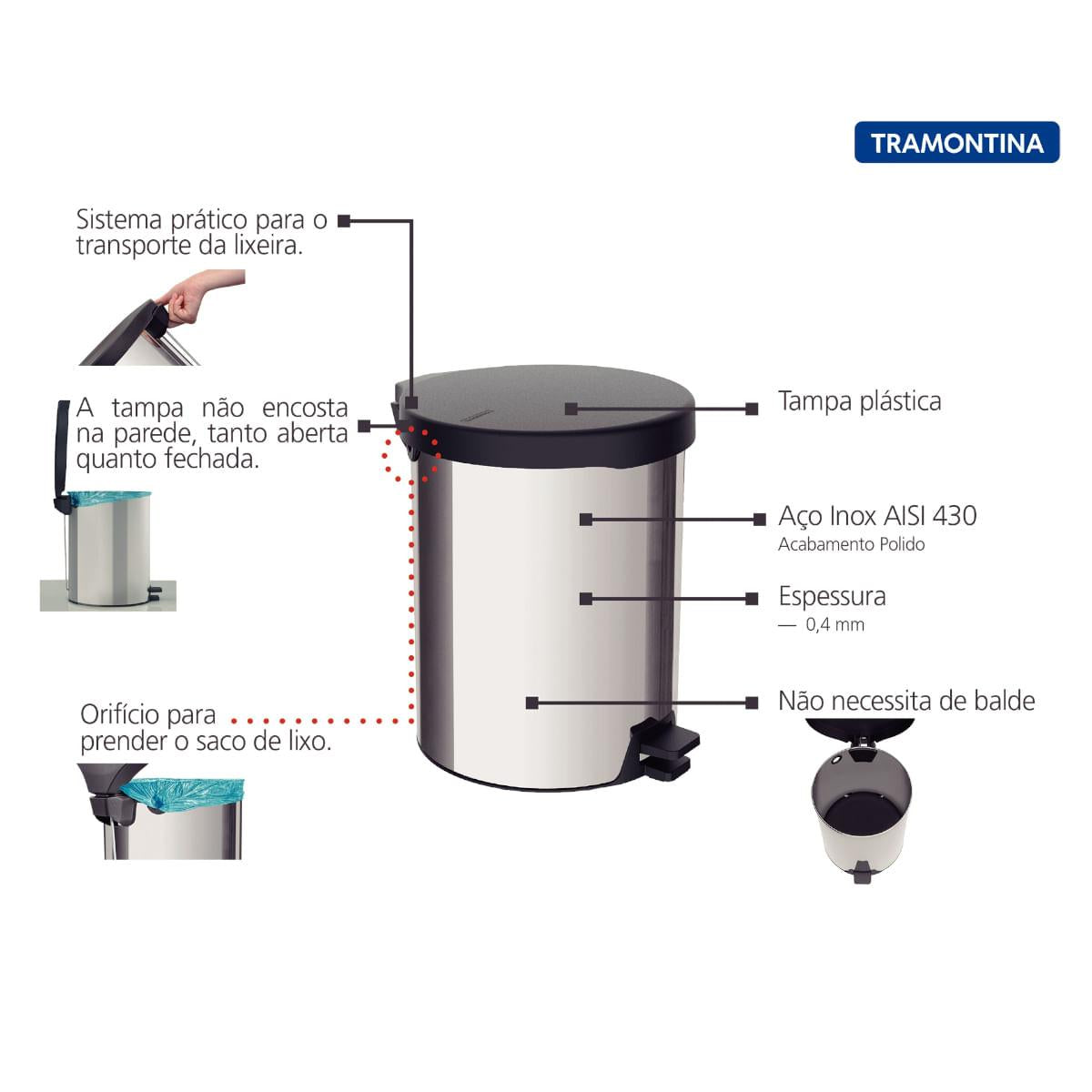 Lixeira com Pedal 12 Litros New Tramontina em Aço Inox Polido com Tampa Plástica