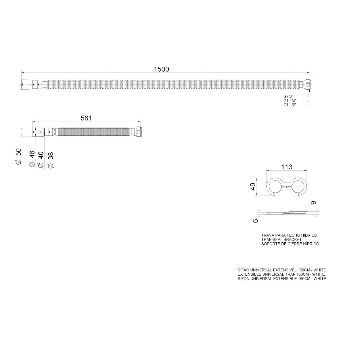 Sifão Extensível Universal 150 cm Branco Docol