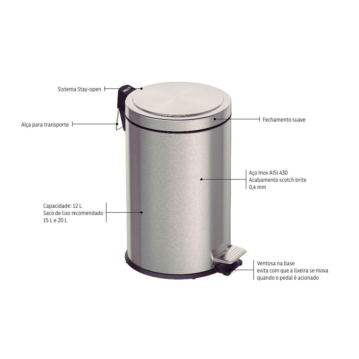Lixeira com Pedal 12 Litros Tramontina Brasil Plus Aço Inox Acetinado