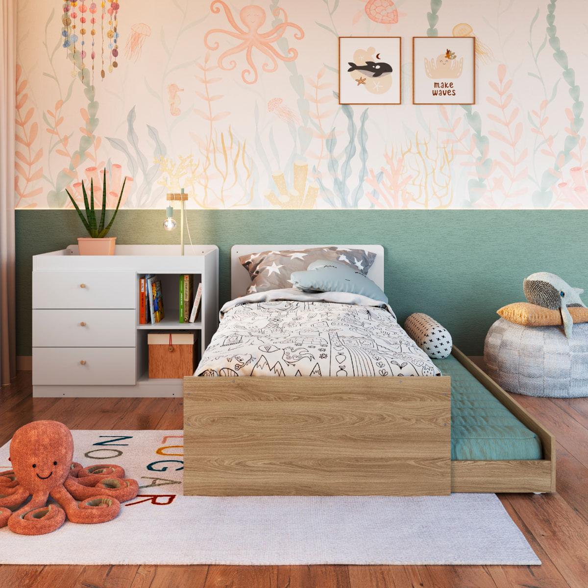 Berço Cama com Cômoda e Cama Auxiliar Aveiro Branco Completa Móveis