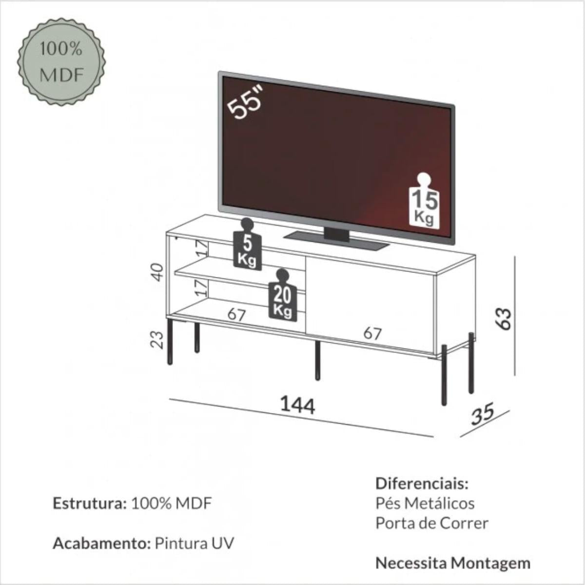 Rack para TV 144 cm com 1 Porta de Correr Florença Freijó Off White Dalla Costa