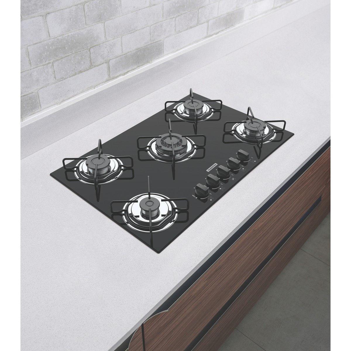 Cooktop a Gás Tramontina Brasil 5 Queimadores Vidro Preto Bivolt 70 x 45 cm Tripla Chama