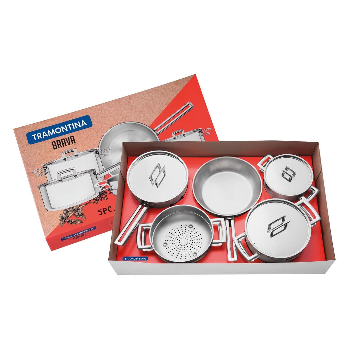 Jogo de Panelas Tramontina em Aço Inox Fundo Triplo 5 peças Brava 65400010