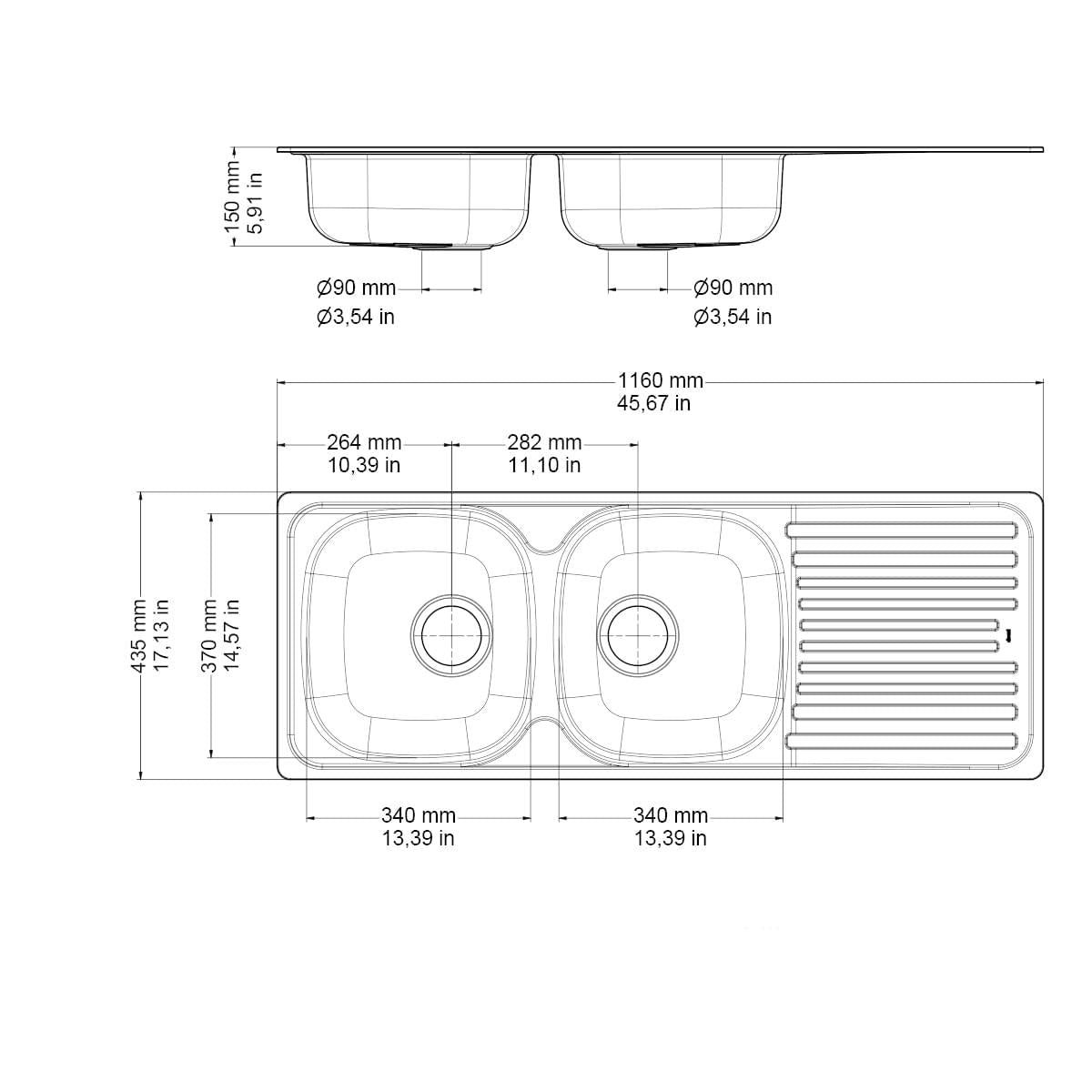 Cuba Docol Evoluto 116x43,5x15 cm em Aço Inox Acetinado