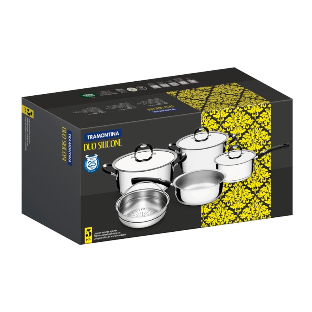 Jogo de Panelas Tramontina 5 Peças Duo Silicone em Aço Inox Fundo Triplo com Cabos e Alças de Silicone