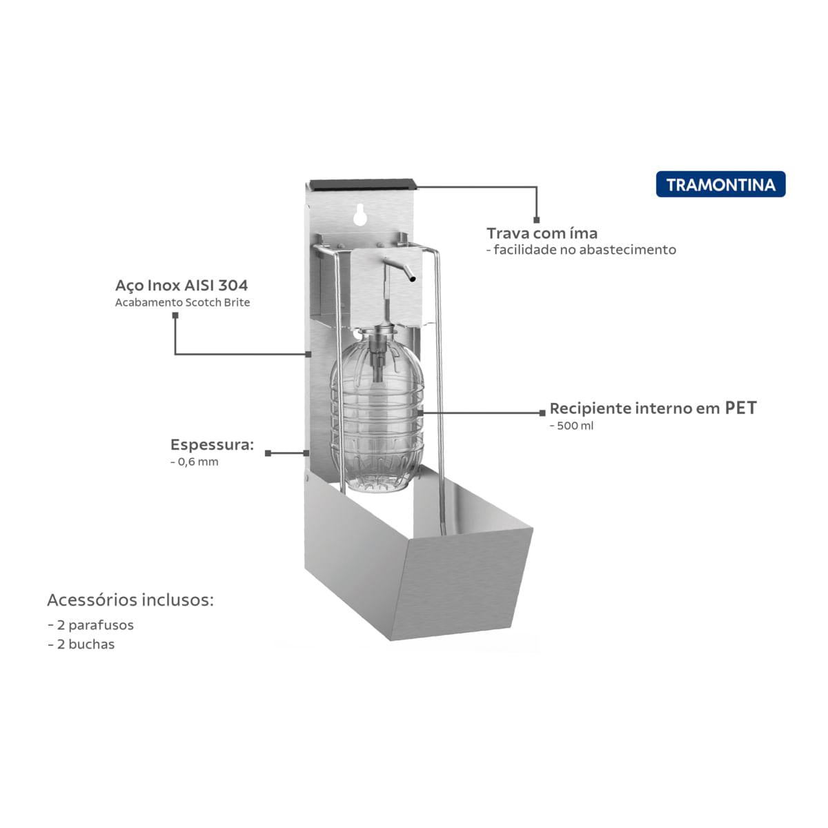Dispenser para Sabão e Álcool Gel Tramontina em Aço Inox Scotch Brite e Recipiente em PET 500 ml