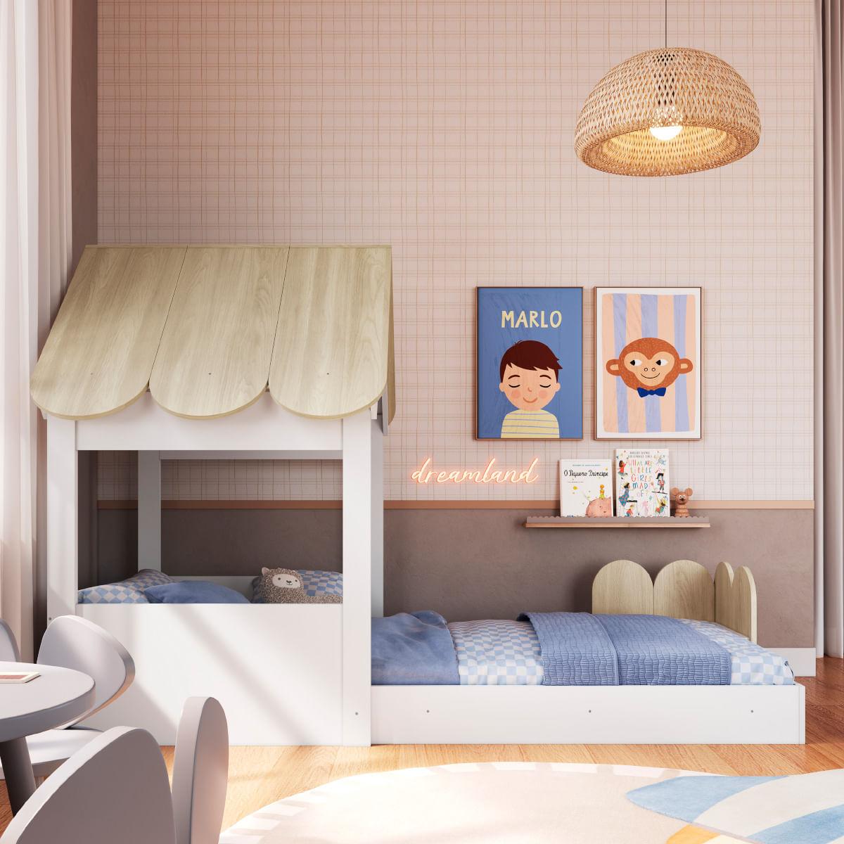 Cama Infantil Montessoriana Casinha Branca e Carvalho Completa Móveis