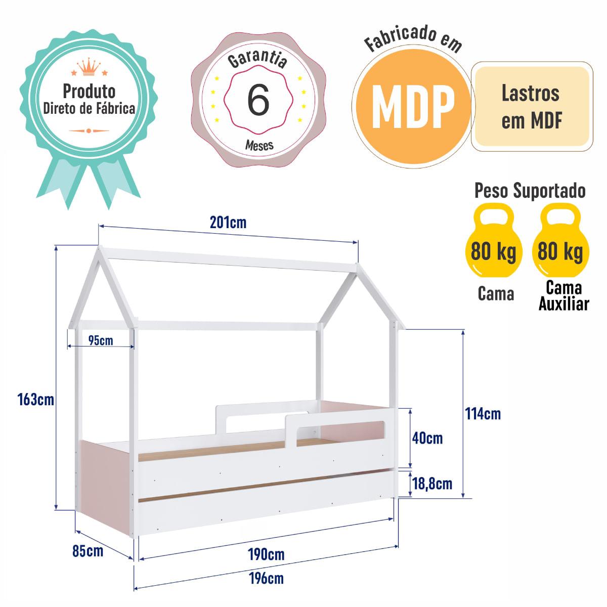 Cama Infantil Montessoriana com Cama Auxiliar Branco com Rosa Completa Móveis