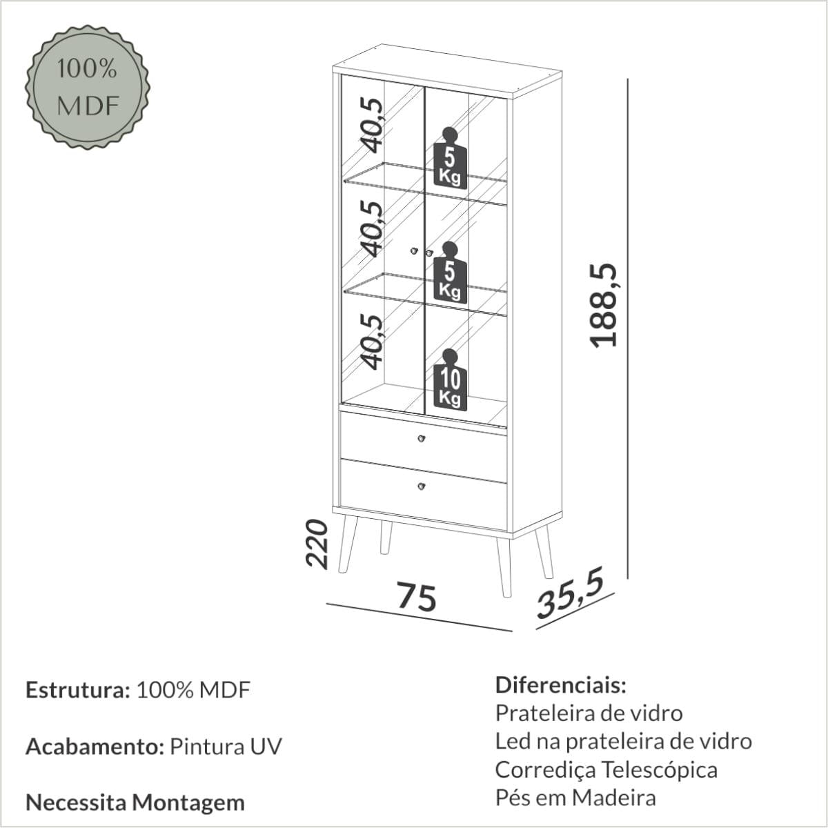 Cristaleira 2 Portas em Vidro com LED White Freijó 75x189x36 Dalla Costa