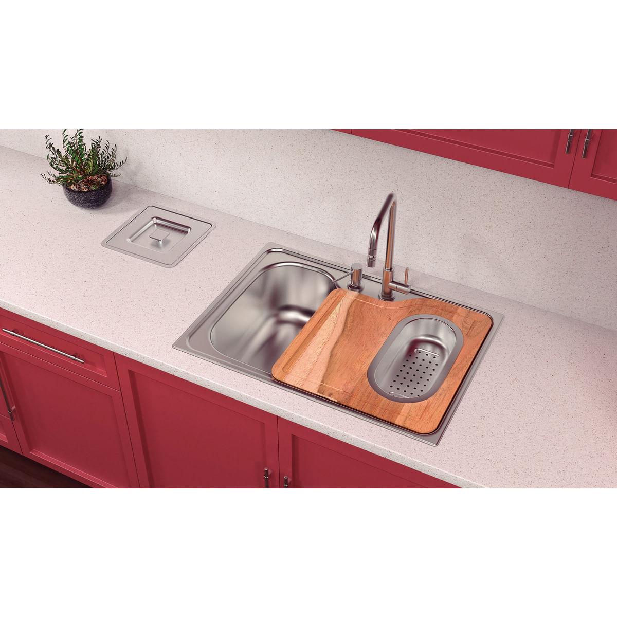 Cuba de Sobrepor em Aço Inox Tramontina Morgana 60 FX Acetinado 68 x 48cm com Válvula Dosador de Sabão Tábua Cesto e Torneira