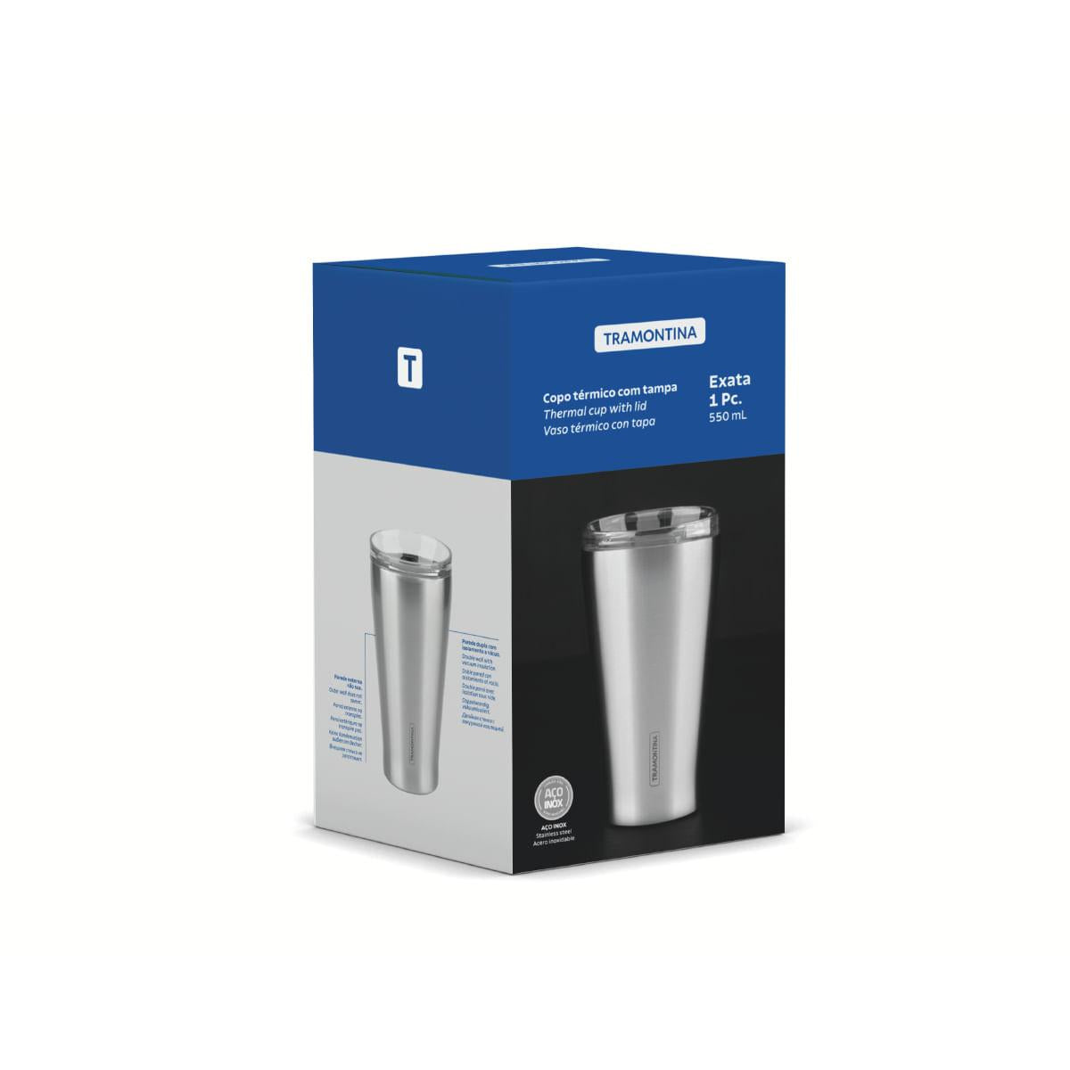 Copo Térmico Tramontina Exata em Aço Inox com Tampa 550 ml