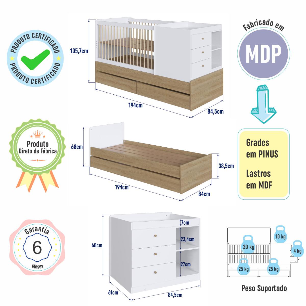 Berço Cama com Cômoda e Gavetões Aveiro e Branco Completa Móveis