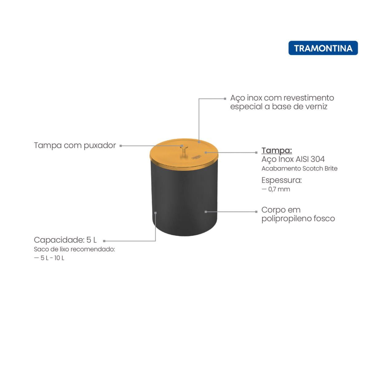 Lixeira Tramontina Útil Gold Mix com Balde de Plástico Preto 5 Litros
