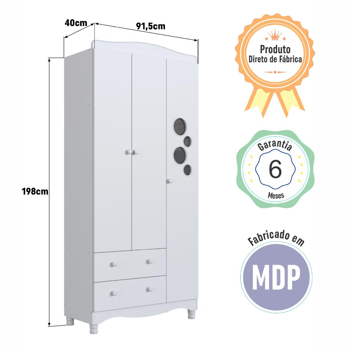 Guarda Roupas Infantil 3 Portas e 2 Gavetas 91x40x198 cm Branco Completa Móveis