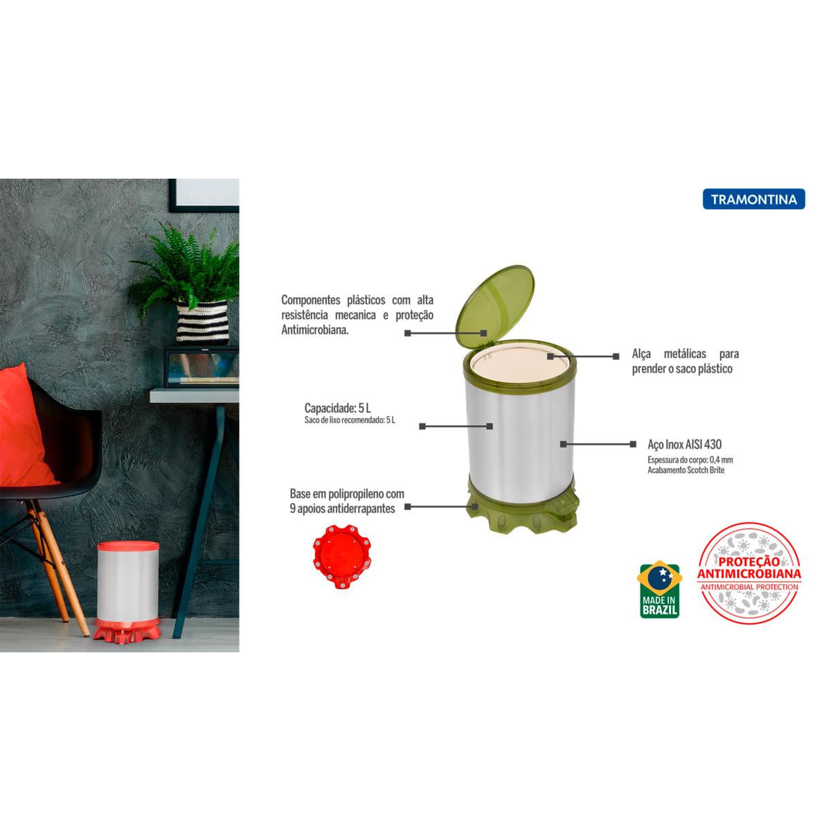 Lixeira Inox Tramontina Sofie Inox Acetinado e Detalhes em Plástico Translúcido Verde com Pedal 5 L