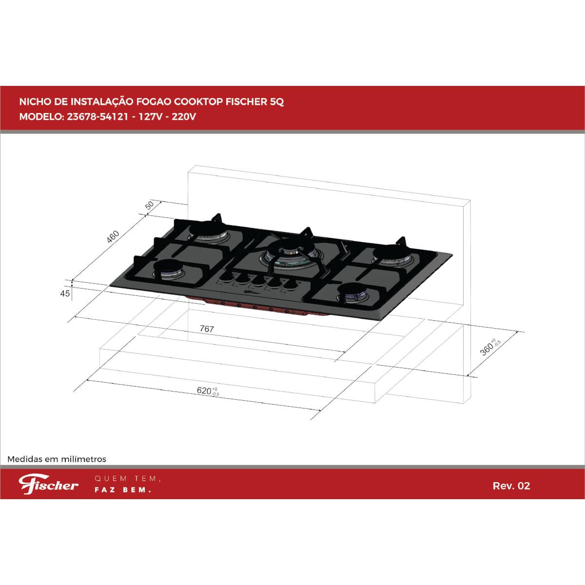 Fogão Cooktop Fischer 5Q TC Infinity Gás Mesa Inox Trempes em Ferro Fundido