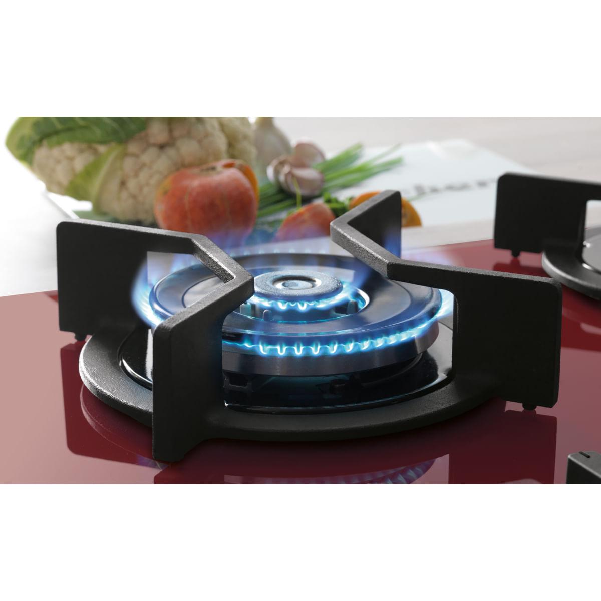 Cooktop Fischer 5Q Tripla Chama Infinity Gás Mesa Vidro Vermelho Rouge