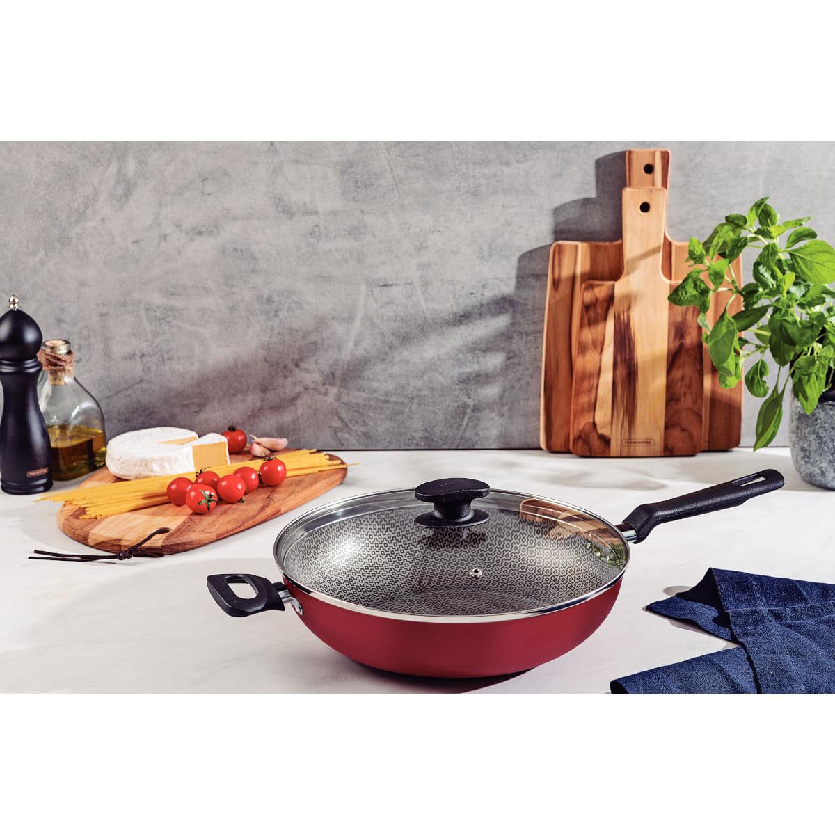 Wok Tramontina Loreto em Alumínio Antiaderente Starflon Max com Tampa de Vidro 28 cm 3,3 L Vermelho