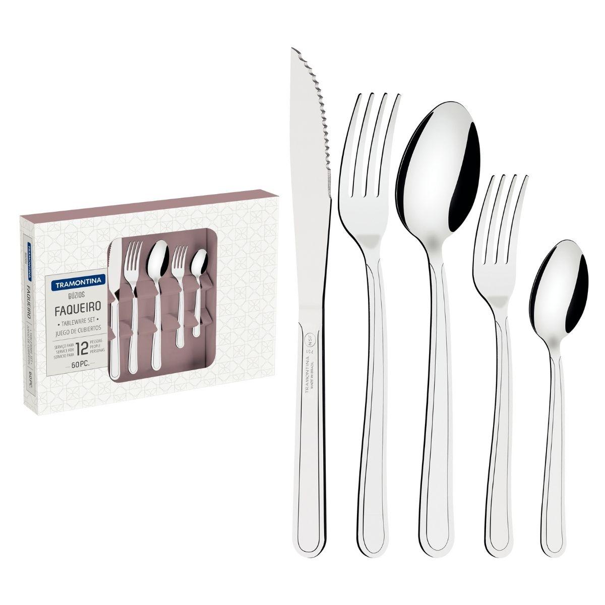 Faqueiro Tramontina Búzios Aço Inox com Facas para Churrasco 60 Peças