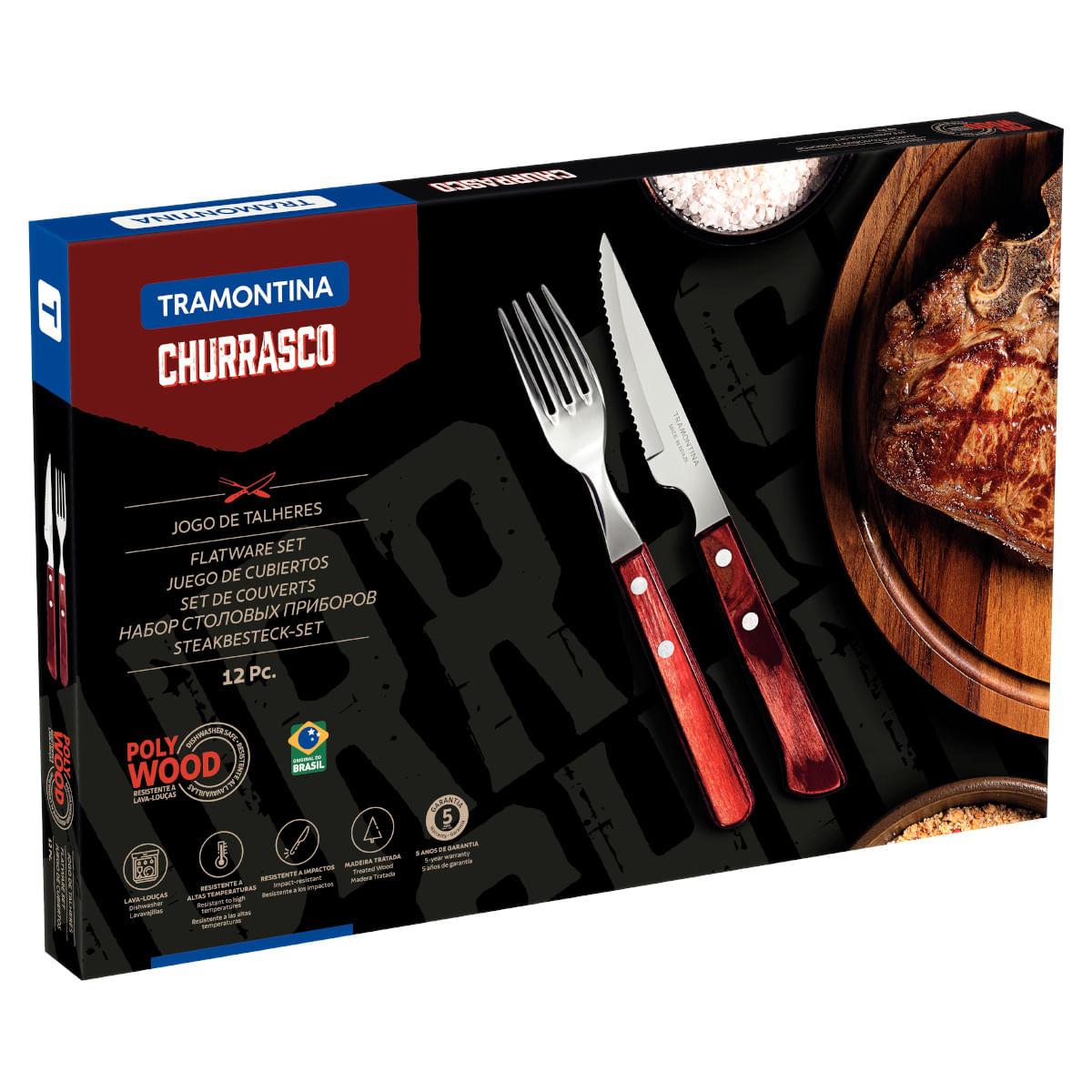 Jogo de Talheres para Churrasco Tramontina em Aço Inox e Madeira Vermelho 12 Peças