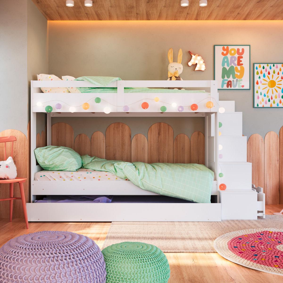 Treliche Infantil Branco Escada Lateral Nichos Gavetas e Cama Auxiliar Completa Móveis