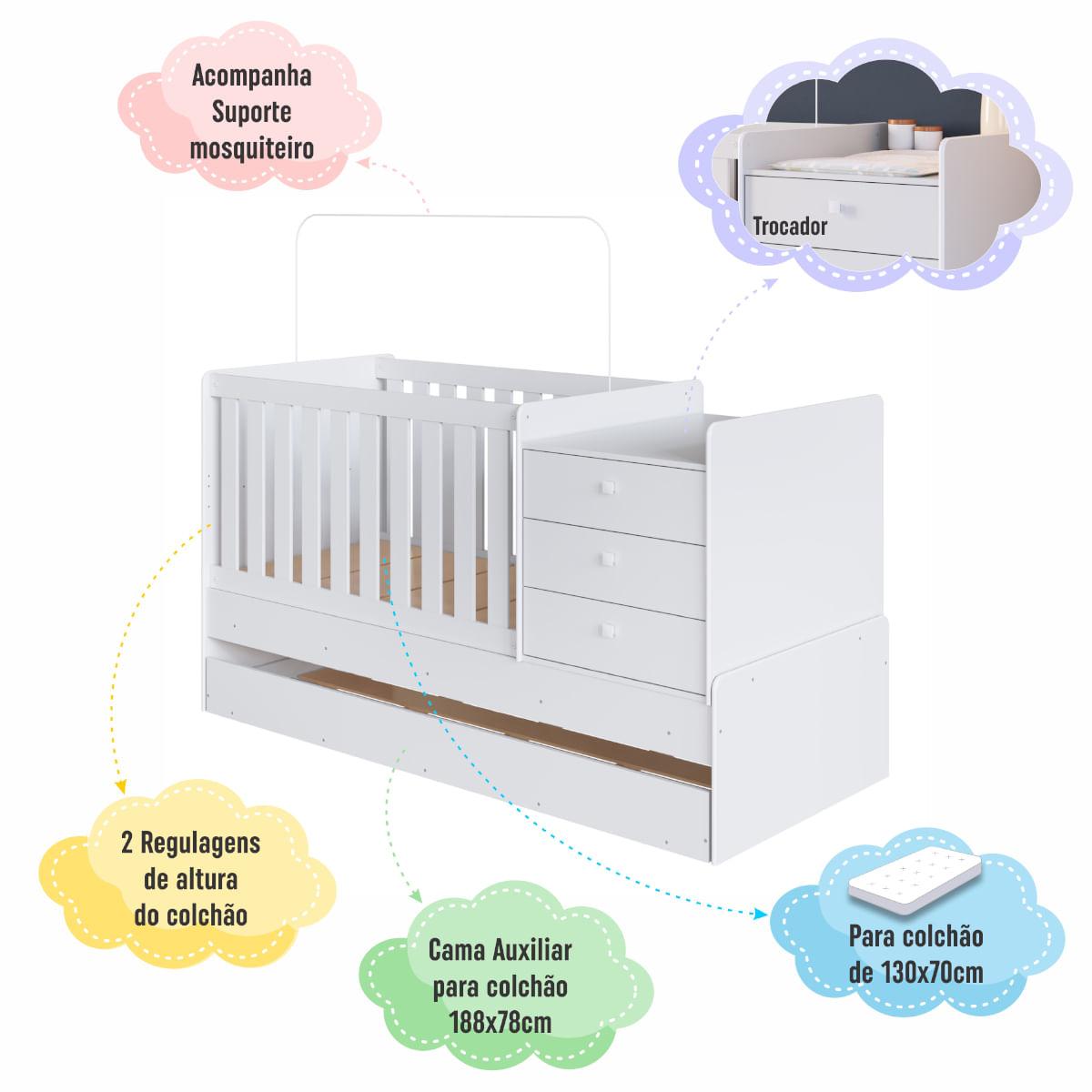 Berço Cama com Cômoda e Cama Auxiliar Branco Completa Móveis