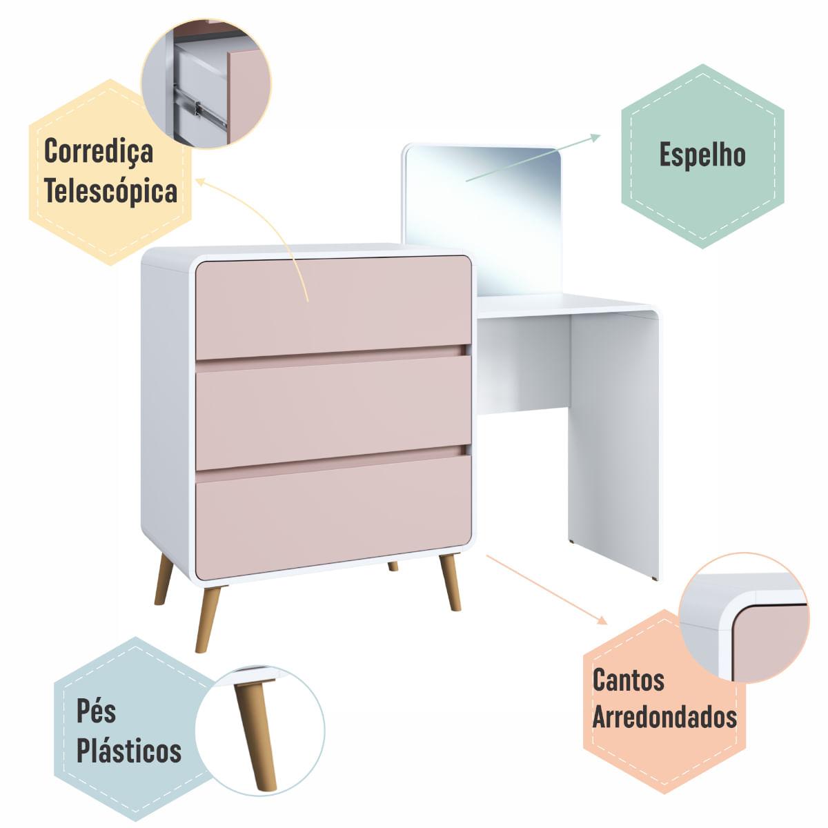 Cômoda Penteadeira 3 Gavetas Curve Branco com Rosa Completa Móveis