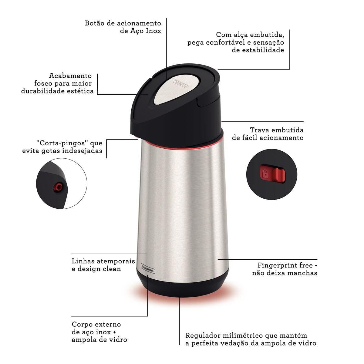Garrafa Térmica Tramontina Exata em Aço Inox com Ampola de Vidro 1,8 Litros