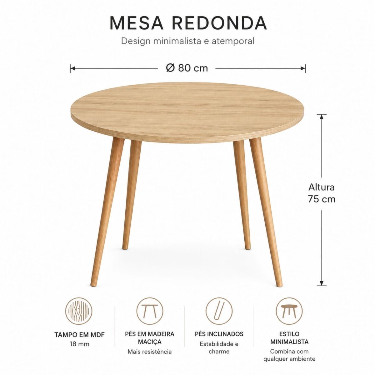 Mesa Jantar Sofia Redonda 80cm Carvalho Tropical 18mm Pés de Madeira Natural Marin